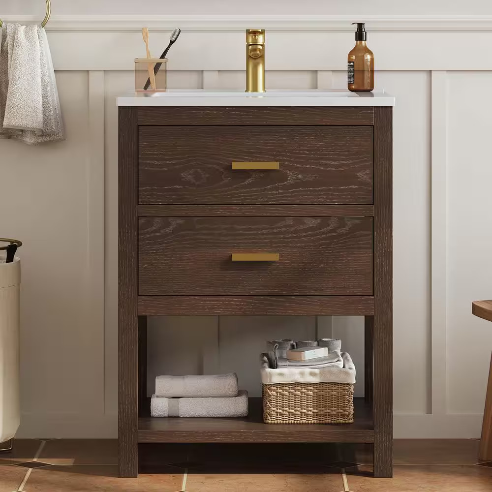 Magen 25 In. Single Sink Bath Vanity in Walnut with White Engineered Solid Surfa