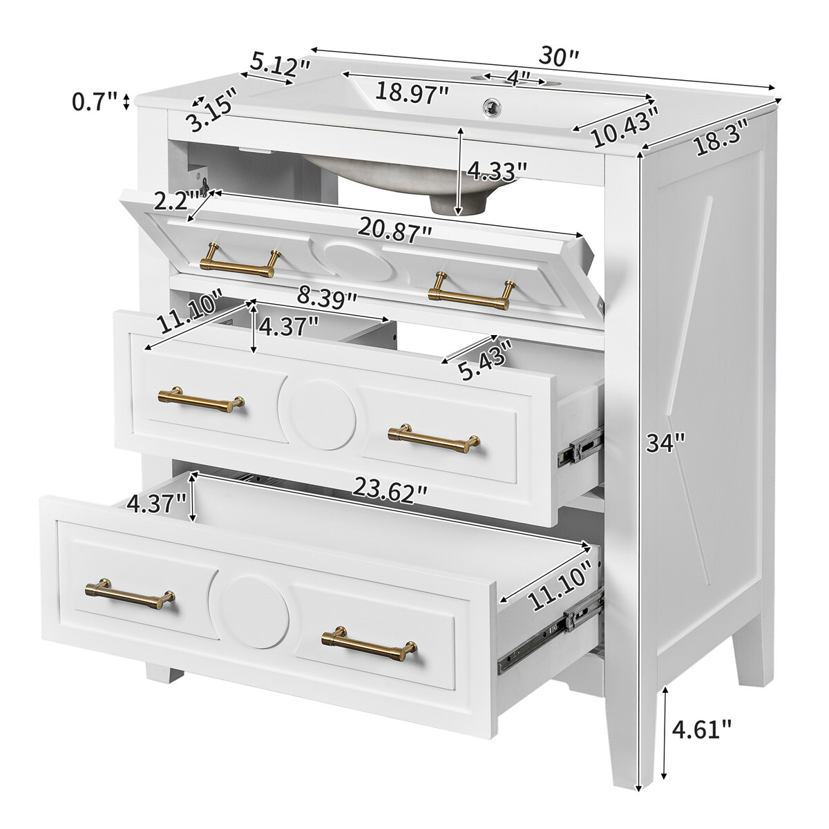 30″ Bathroom Vanity with Basin Sink, 3 Drawers, Freestanding Bath Vanity Cabinet