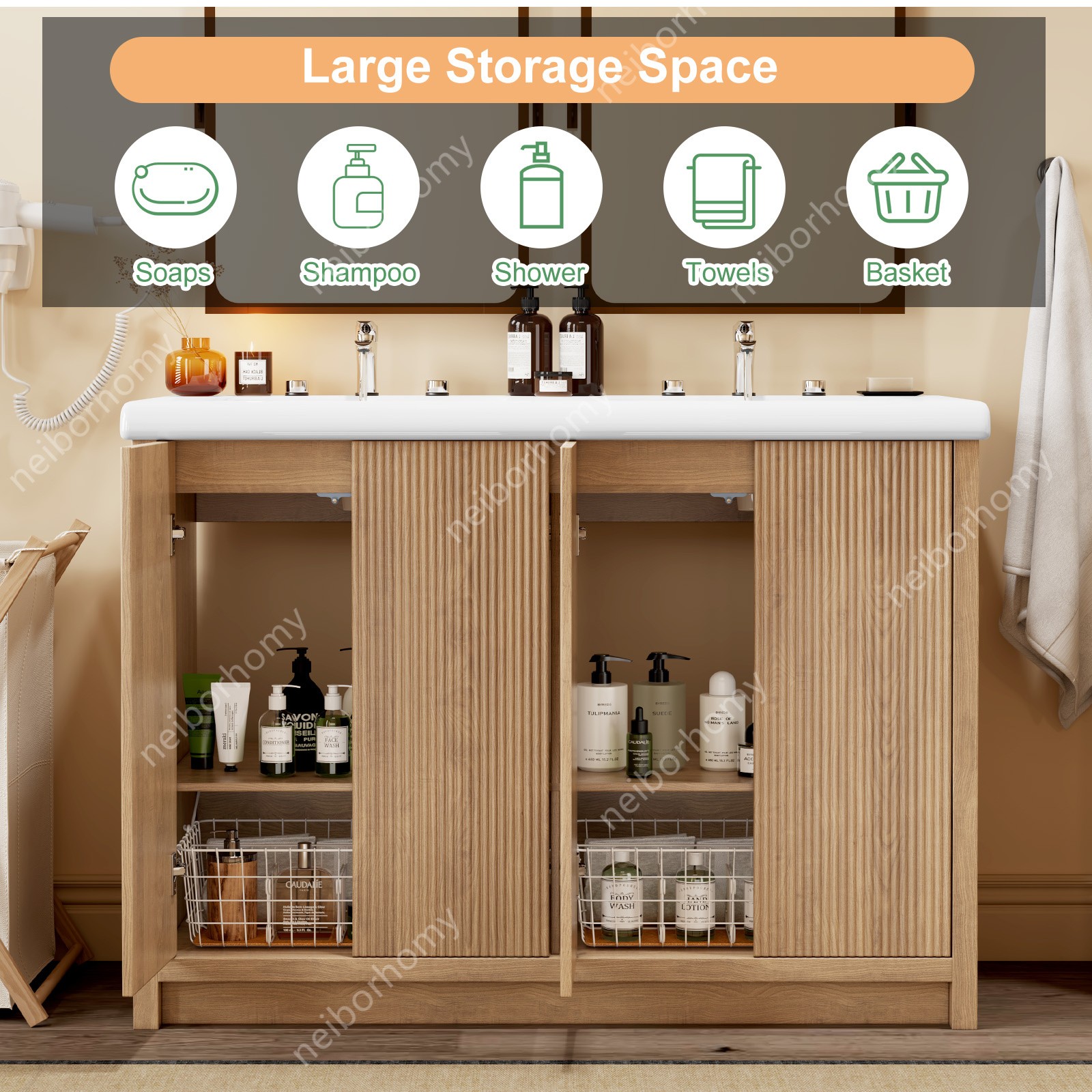 47.3 inch Double Sink Bathroom Vanity Wood Grain Modern 2 Basin Storage Cabinet