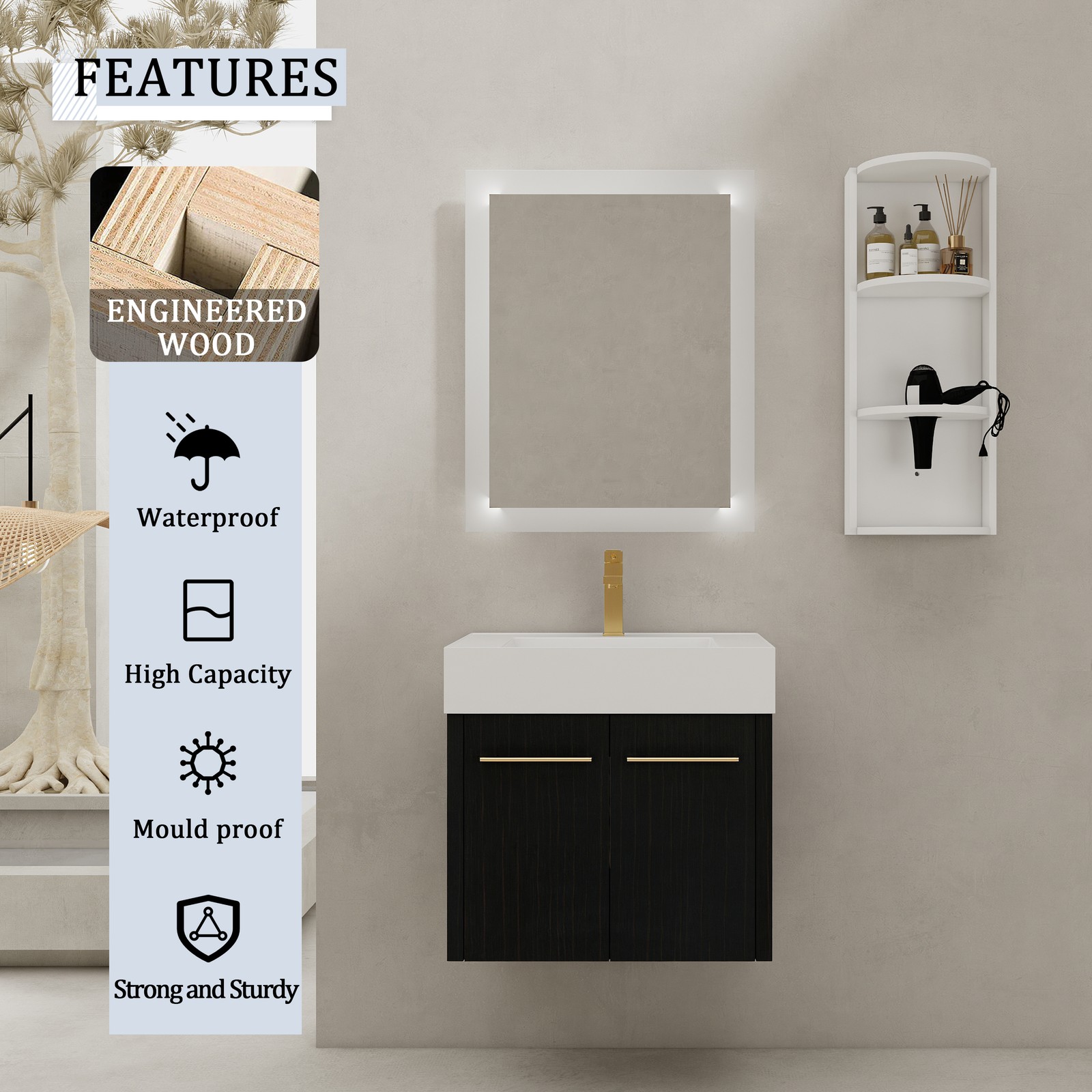 24In Plywood Wall-Mounted Bathroom Vanity W/Resin Sink Doors + Side Storage Rack