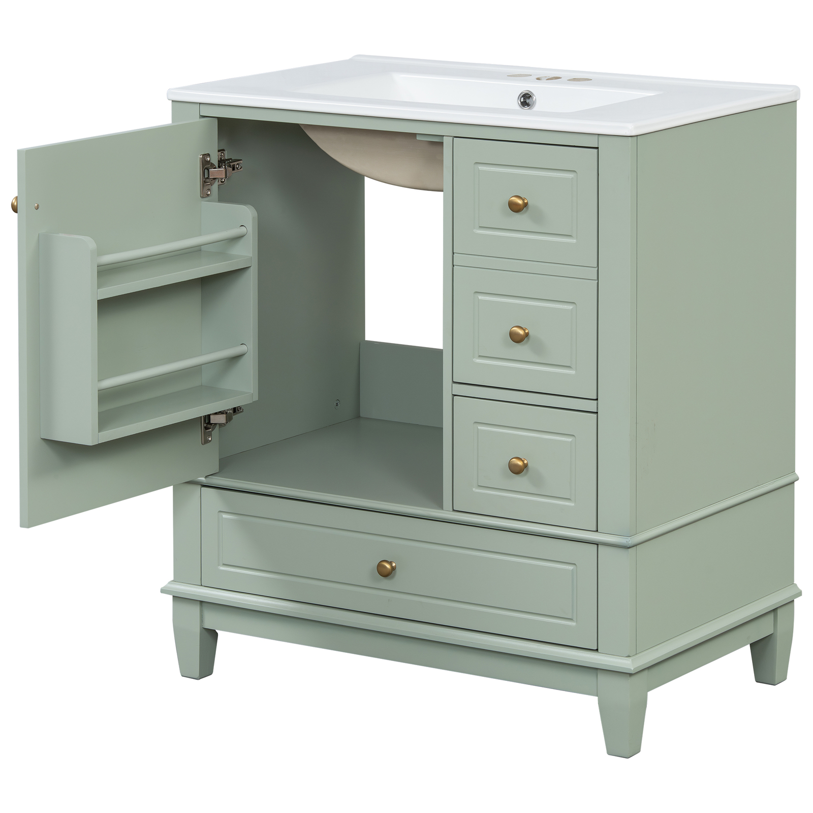 30″ Bathroom Vanity w/Ceramic Sink Freestanding Solid Wood Storage Cabinet Shelf