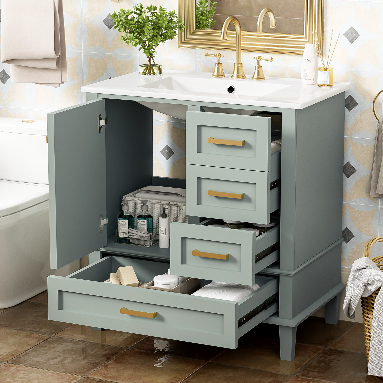 30″ Bathroom Vanity with Sink, Solid Wood Frame, Sage Green