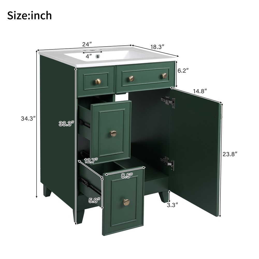 Bathroom Vanity with Ceramic Sink Features 2 Drawers and 1 Door