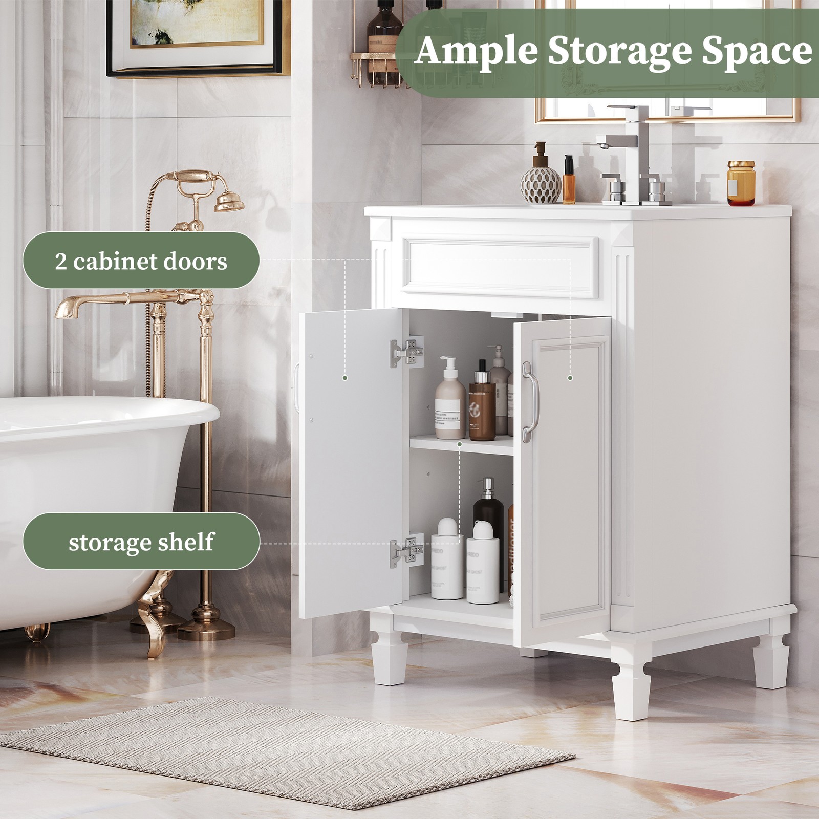 24 inch White Modern Bathroom Vanity with Sink, 2 Soft-Close Doors