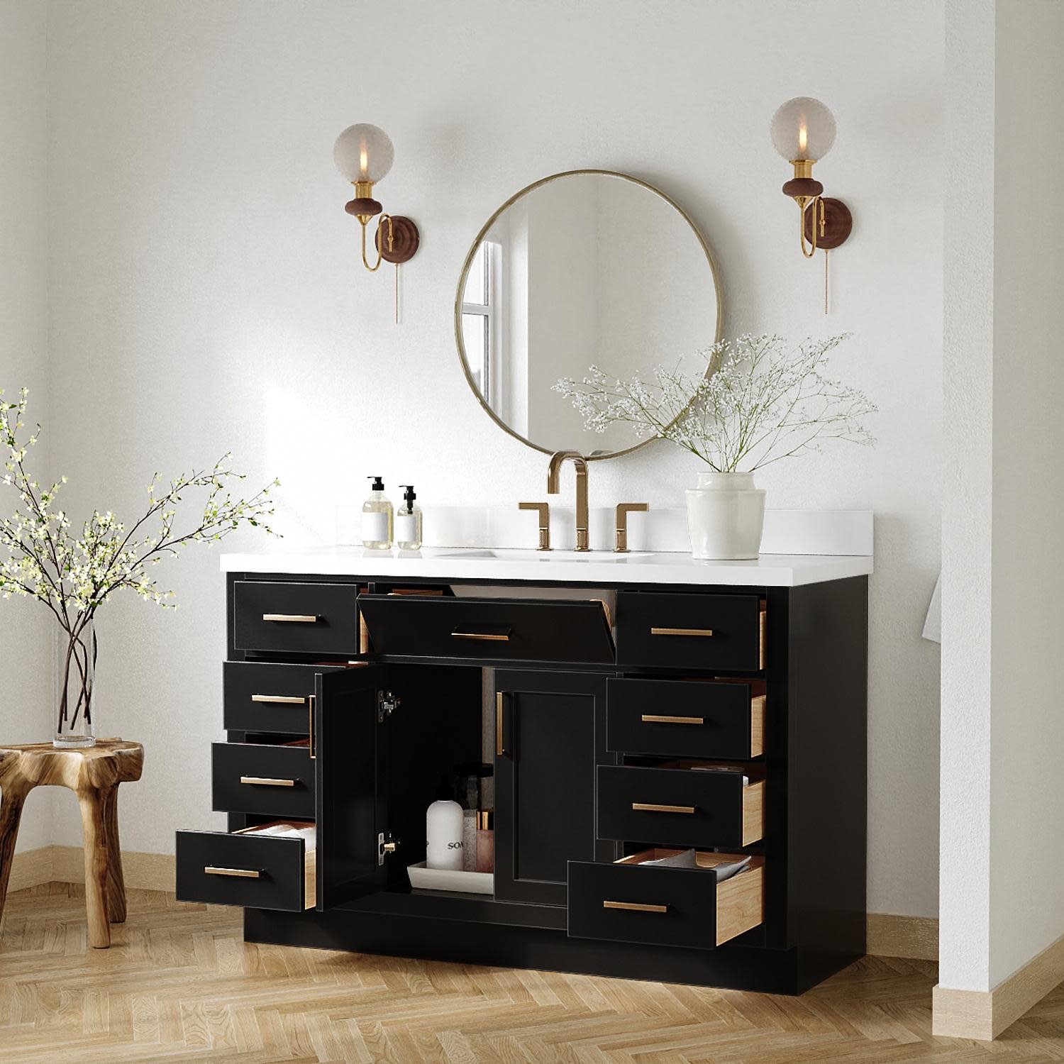 Ariel T055SWQRVO Hepburn 55″ – Black / Pure White Quartz Top / Satin Brass