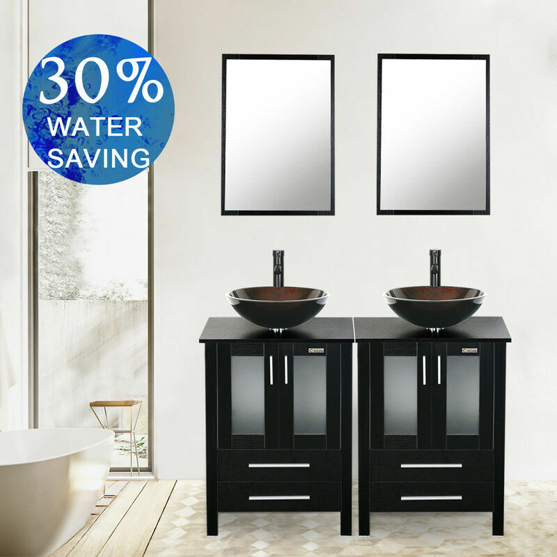 48″ Bathroom Vanity Set MDF Glass Vessel Sink Faucet Cabinet Combo No Mirror