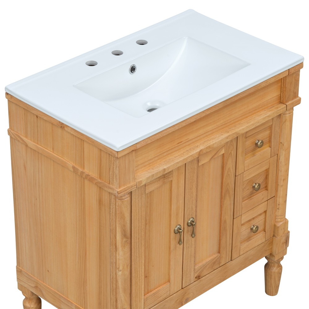 30-Inch Modern Bathroom Vanity, Solid Wood Frame + MDF, 2 Doors 3 Drawers