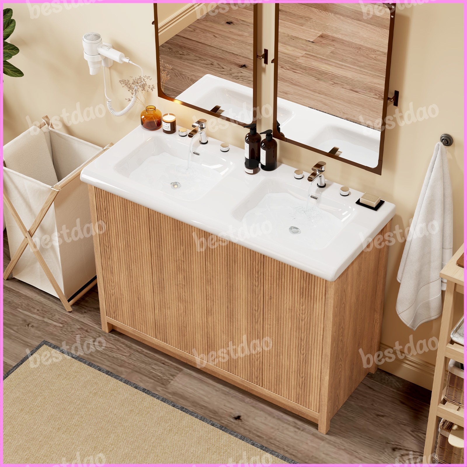 47″ Double Sink Bathroom Vanity Wood Grain Modern 2 Basin Storage Cabinet