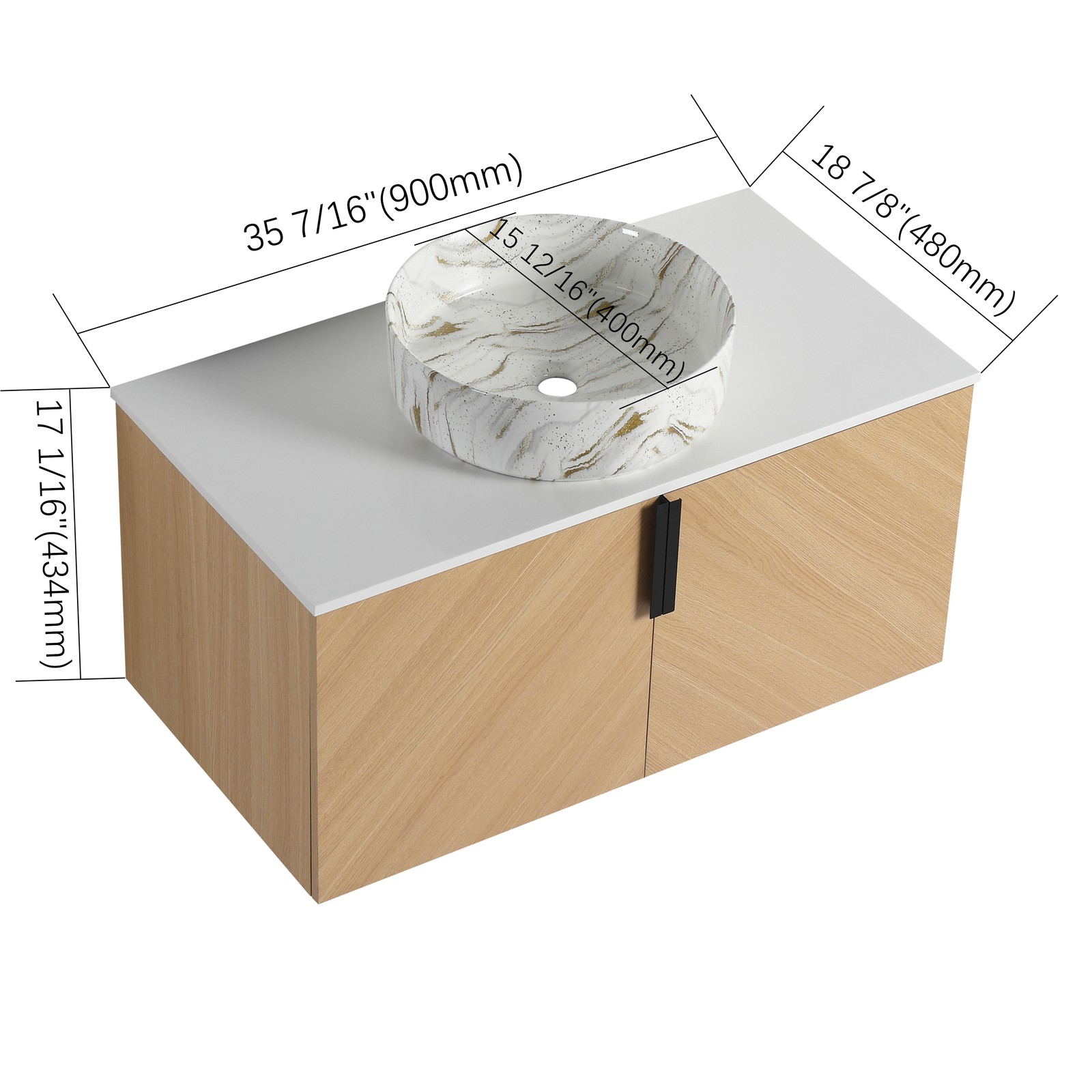36 in Wall-Mounted Bathroom Vanity W/ Ceramic Vessel Sink Artificial Stone Slab