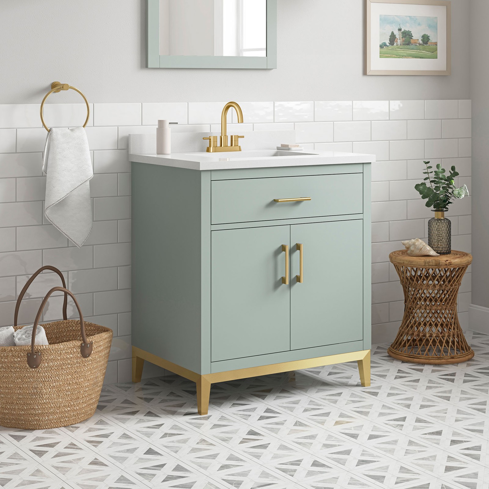 Diya 30″ Bathroom Vanity in Sage Green with White Countertop