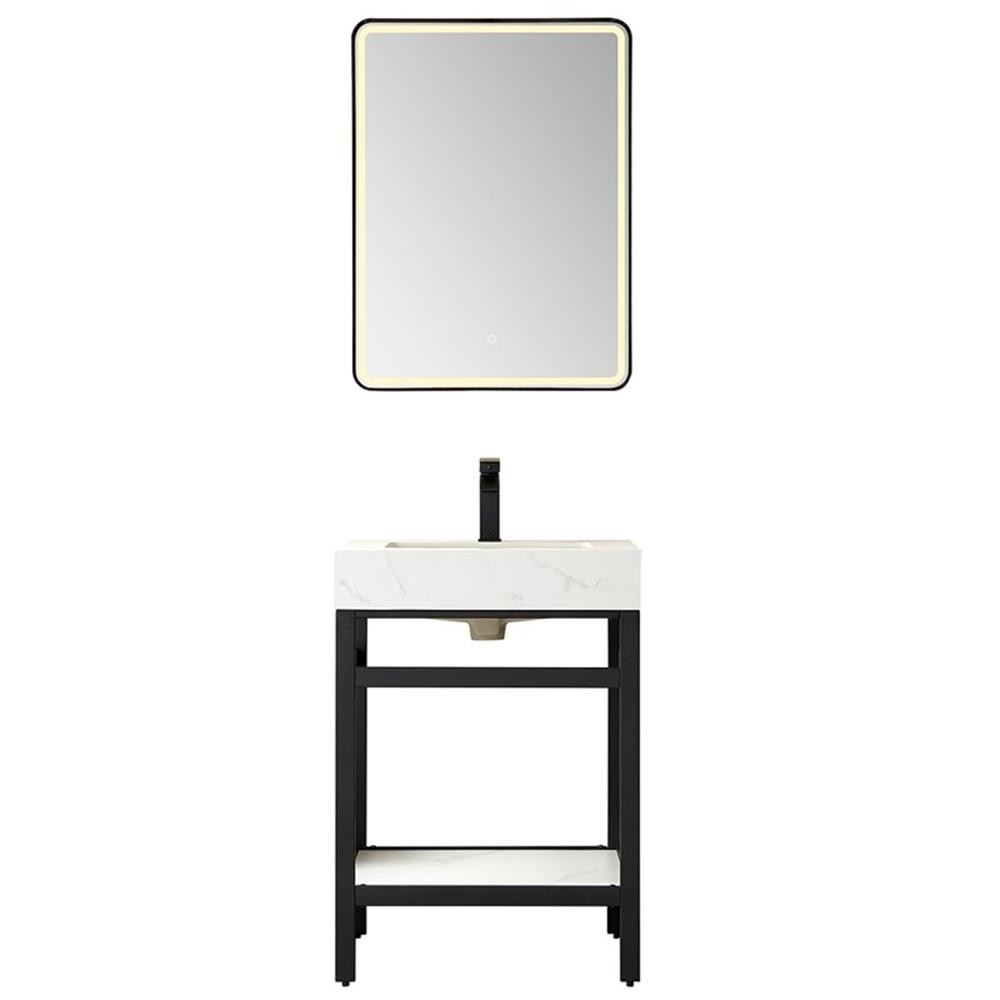 Funes 24″ Single Sink Bathroom Vanity in Matte Black Frame White Top w/ Mirror