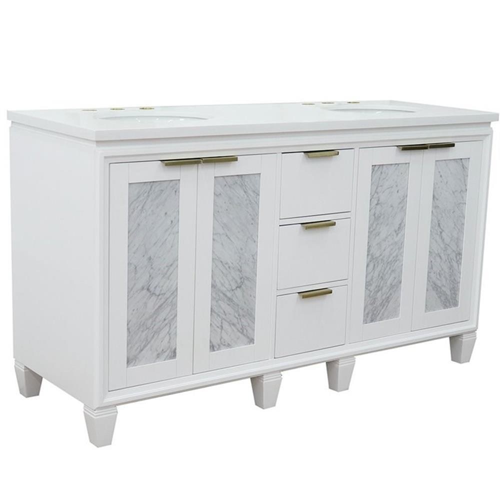 Pemberly Row 61″ Double Oval Sink Solid Wood Vanity in White/White Quartz Stone