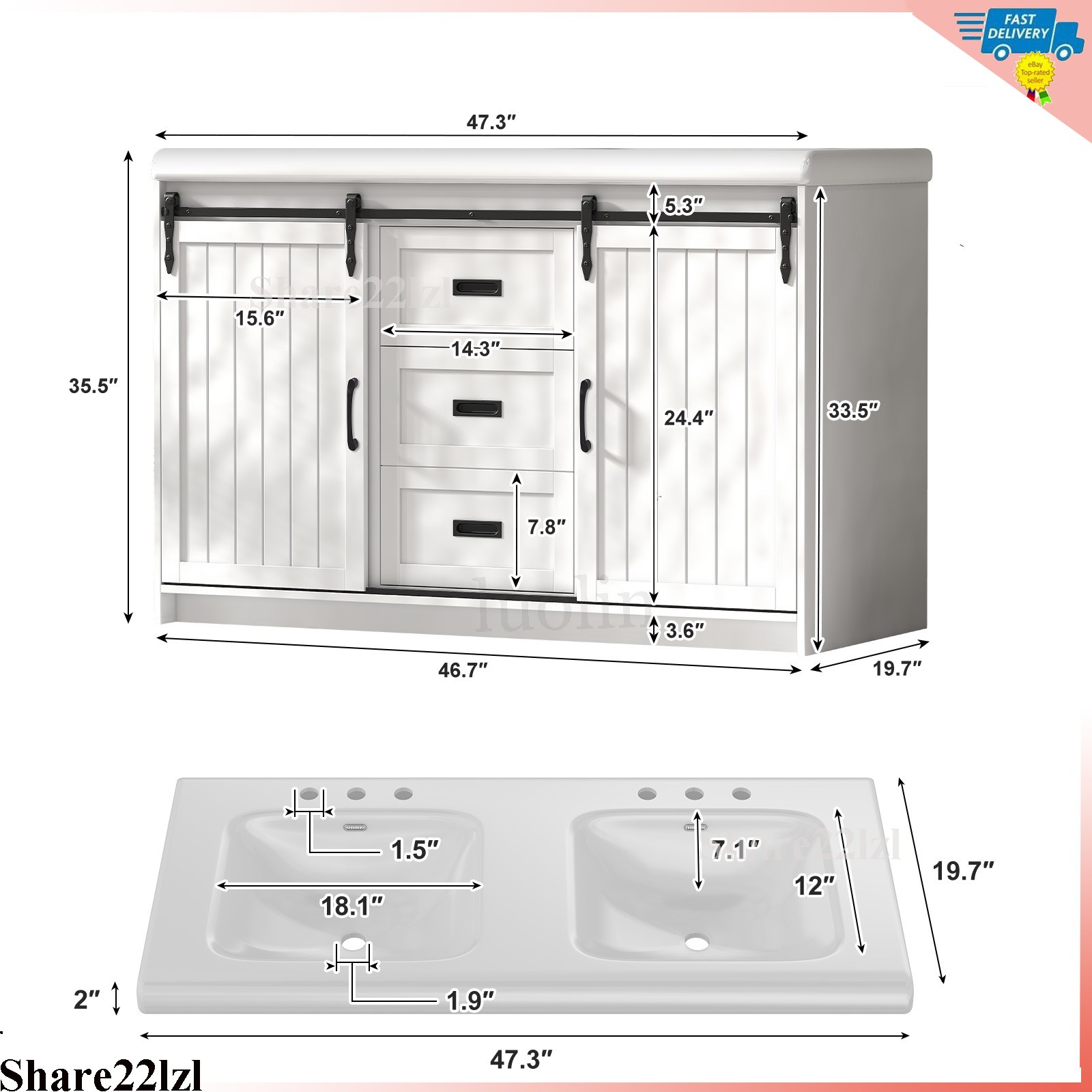 47″ Modern Bathroom Vanity Set with Double Vanities，Double Ceramic Sinks White