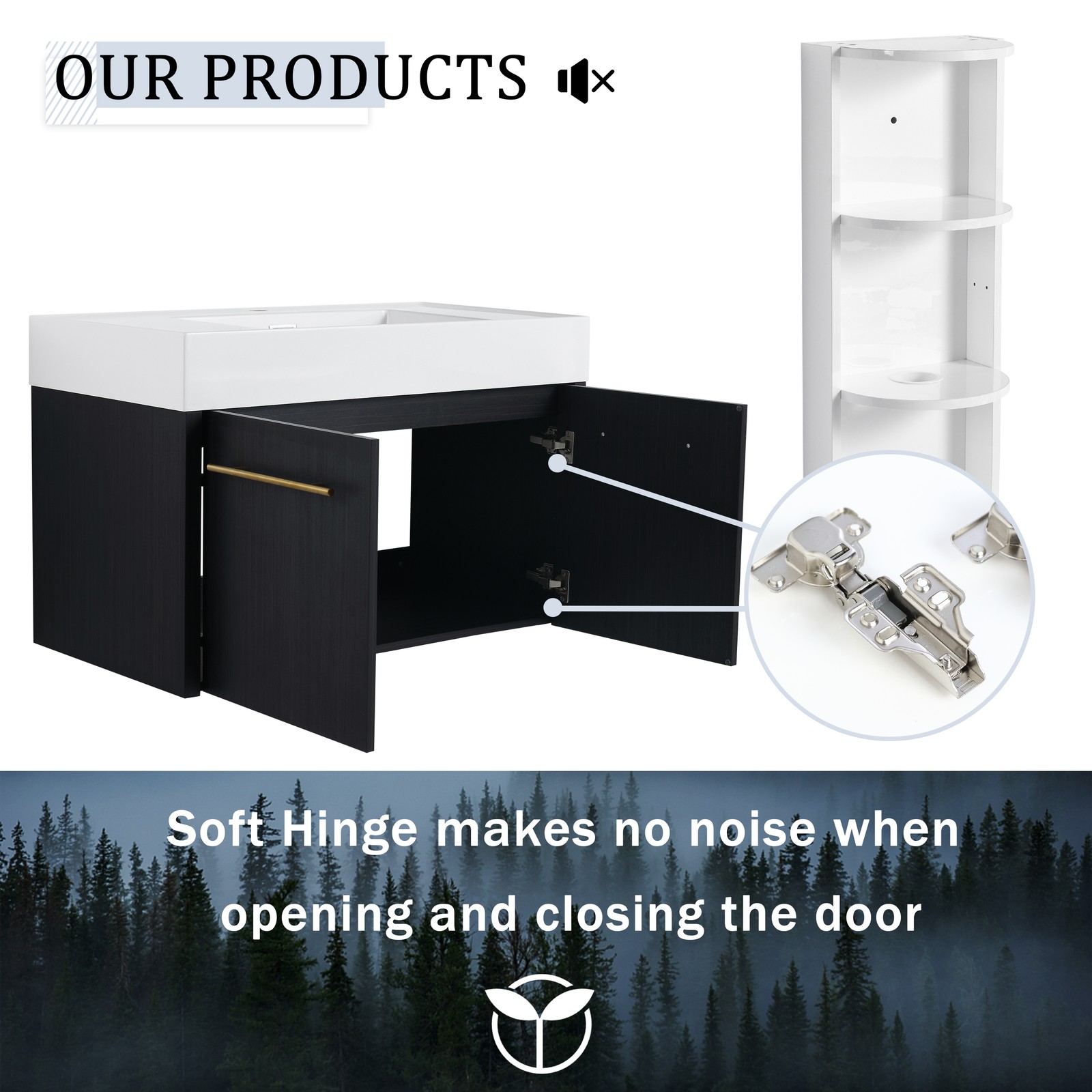 36 Inch Plywood Wall-Mounted Bathroom Vanity with Resin Sink + Side Storage Rack