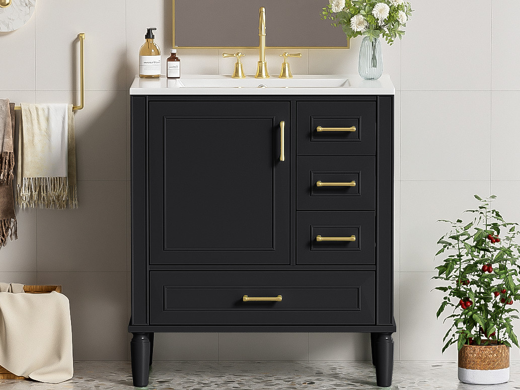 30″ Black Bathroom Vanity Set with 3 Drawers & Gold Handles