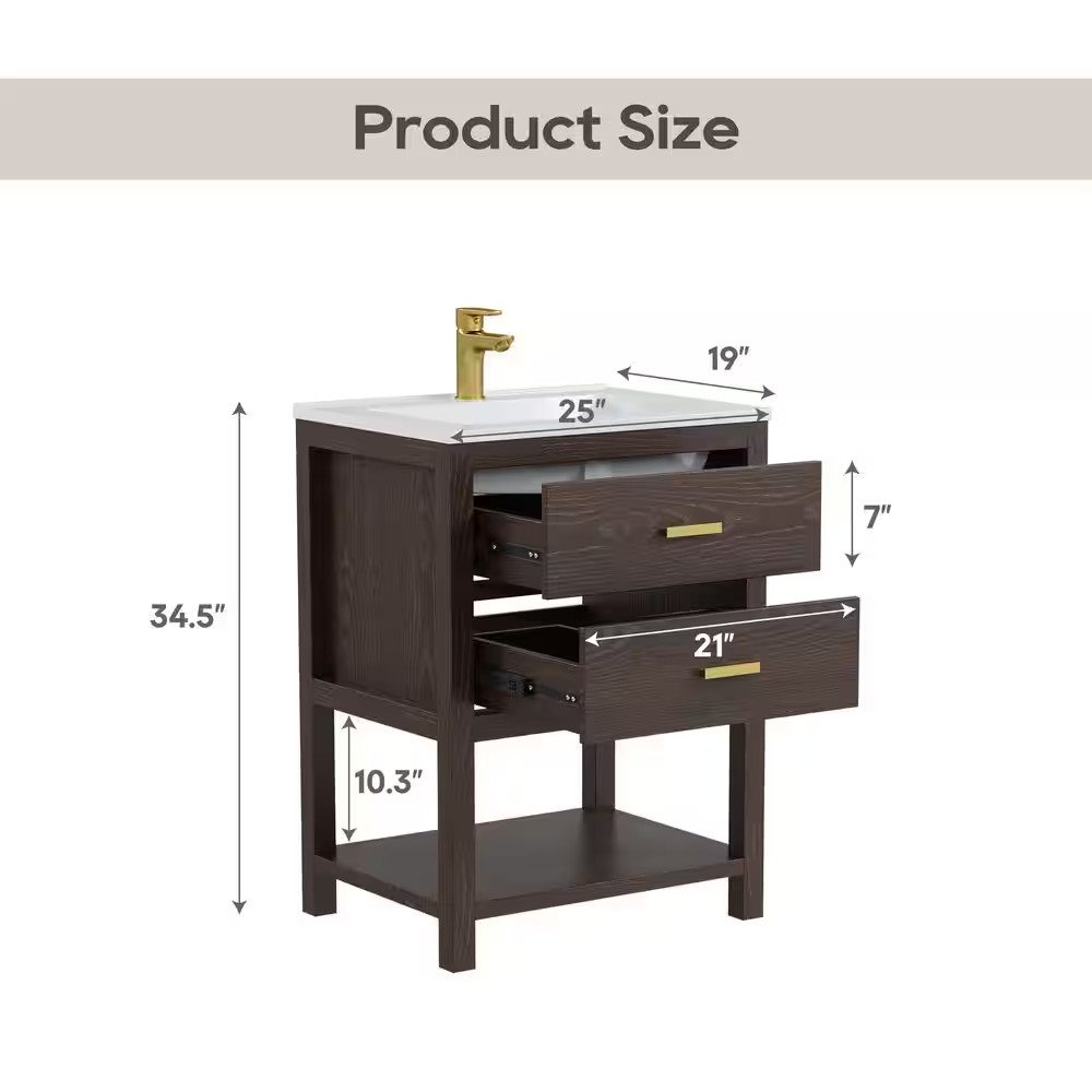 Magen 25 In. Single Sink Bath Vanity in Walnut with White Engineered Solid Surfa