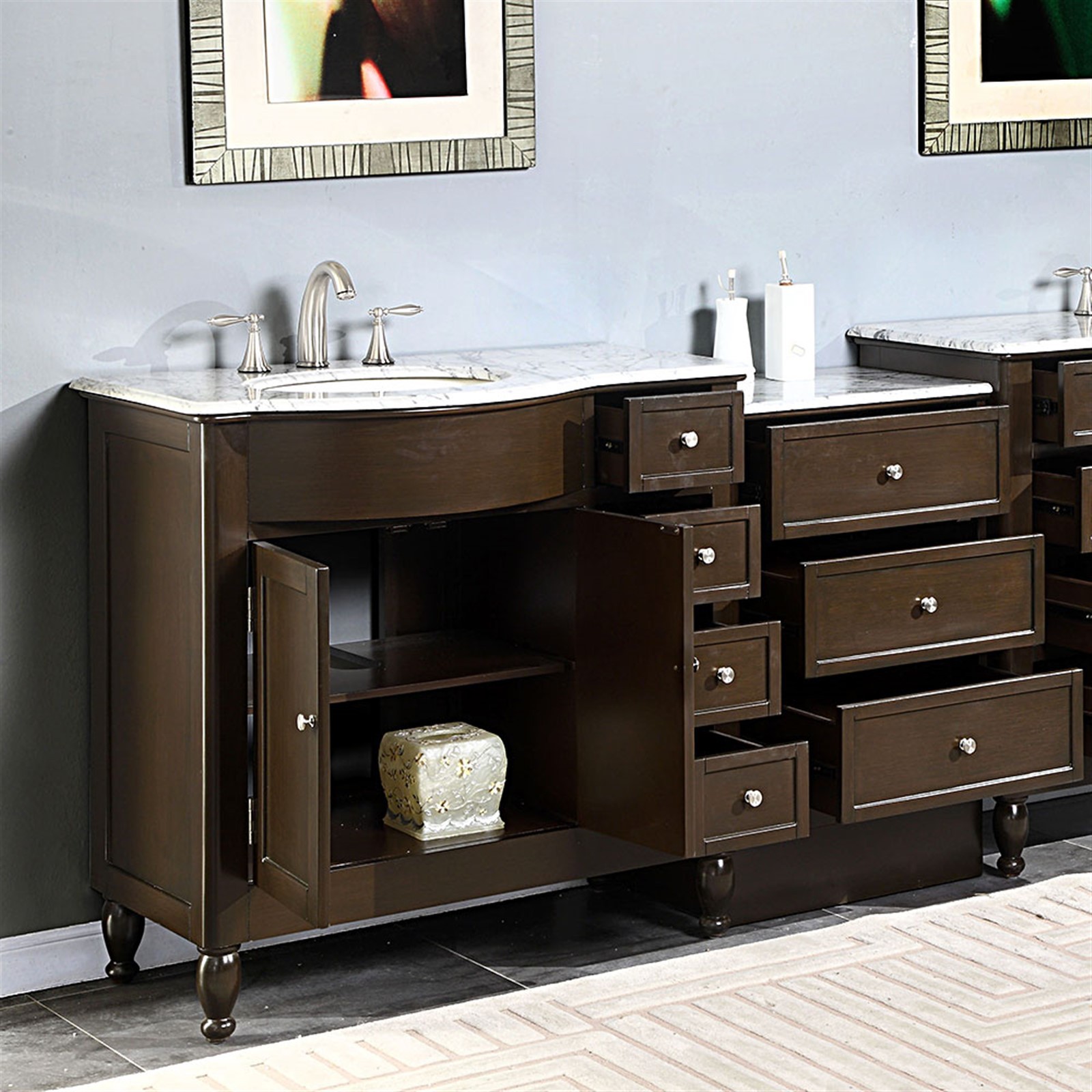 58″ Single Bathroom Sink Vanity Carrara White Marble Stone Top Cabinet 902WM-L