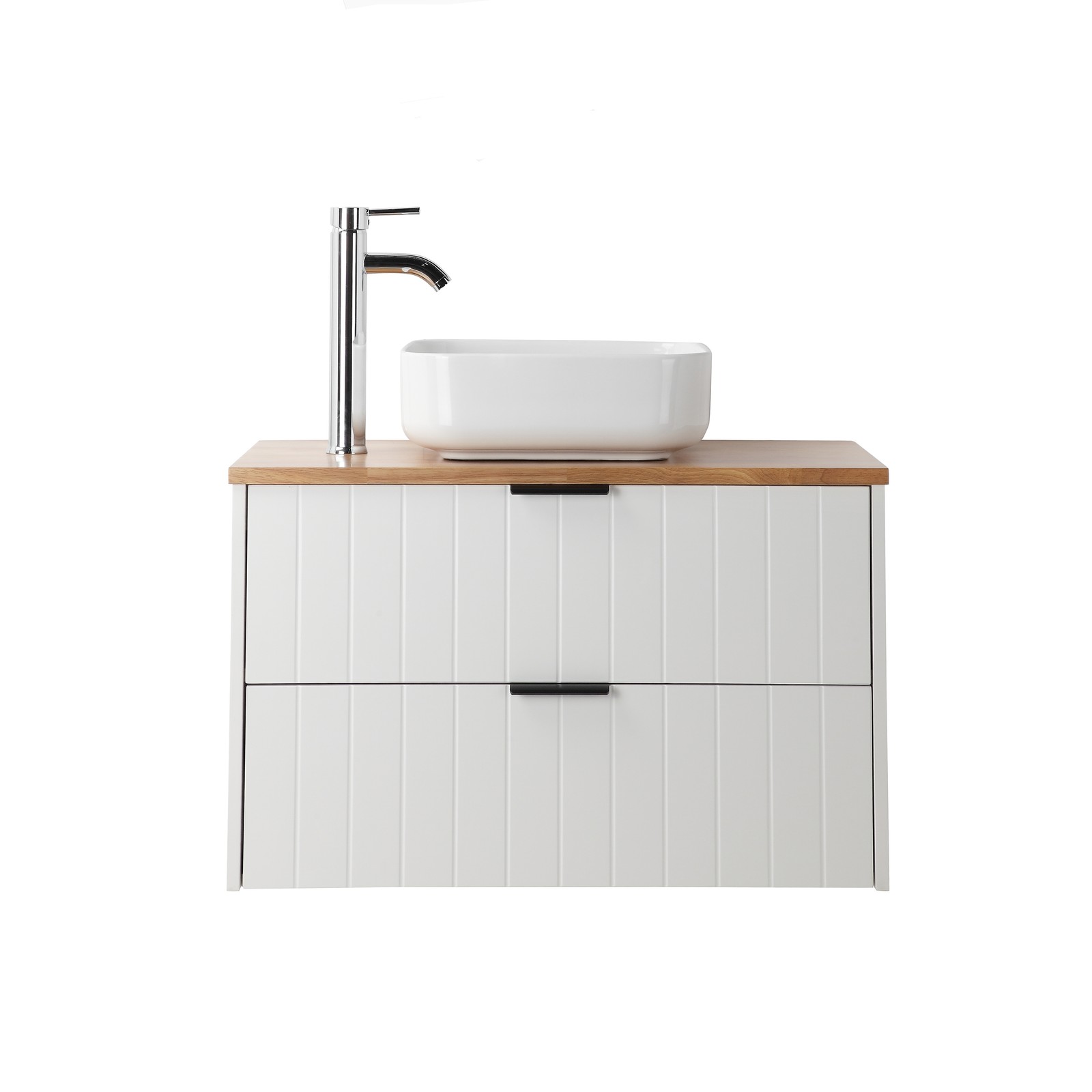 32″ Double Drawer Wall-Mounted Bathroom Vanity,White Cabinet w/Ceramic Sink