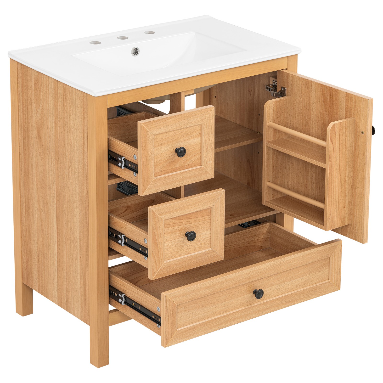 30″ Bathroom Vanity with Ceramic Sink Wood Grain Cabinet with Soft-Close Drawer
