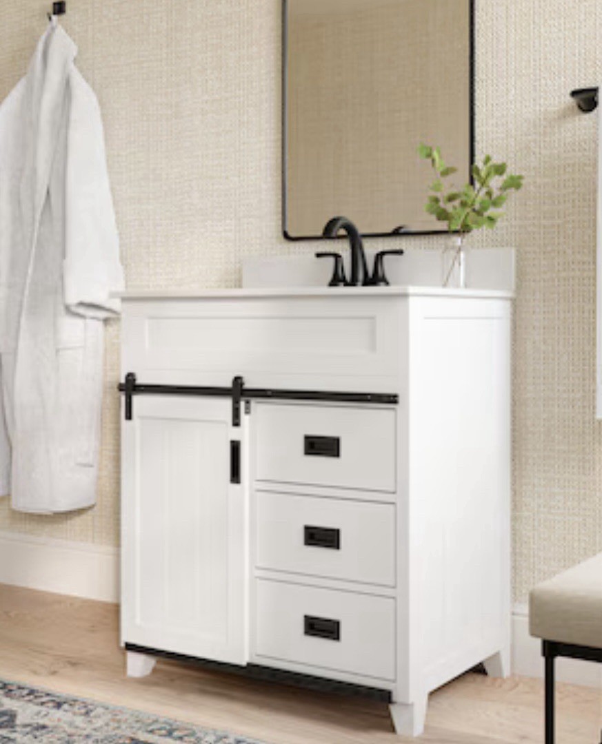 Style Selections Morrison 30-in BR Vanity White Marble Top Barn Door #5430865