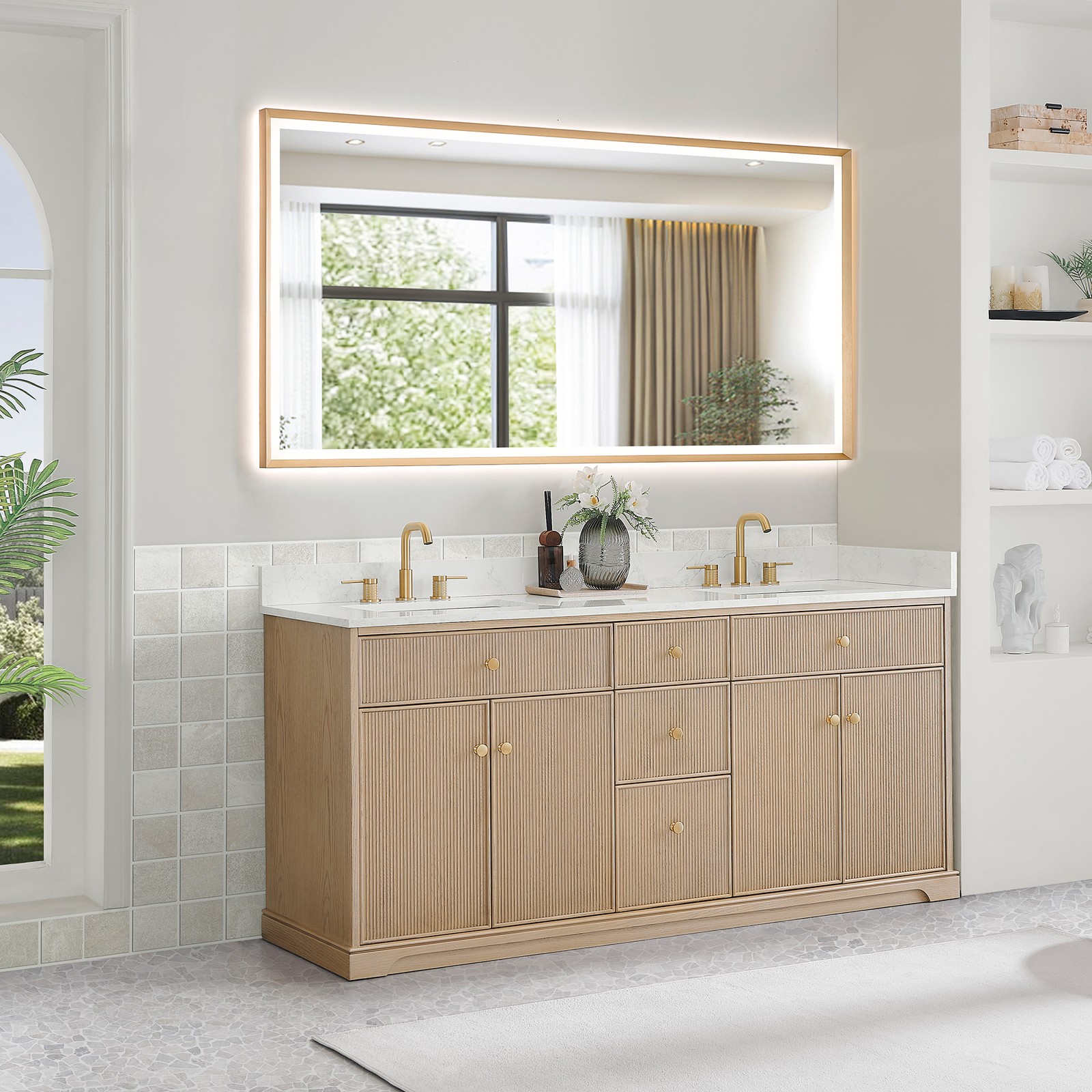Barnett 72″ Wood Vanity in Natural Oak with White Engineered Stone Top No Mirror