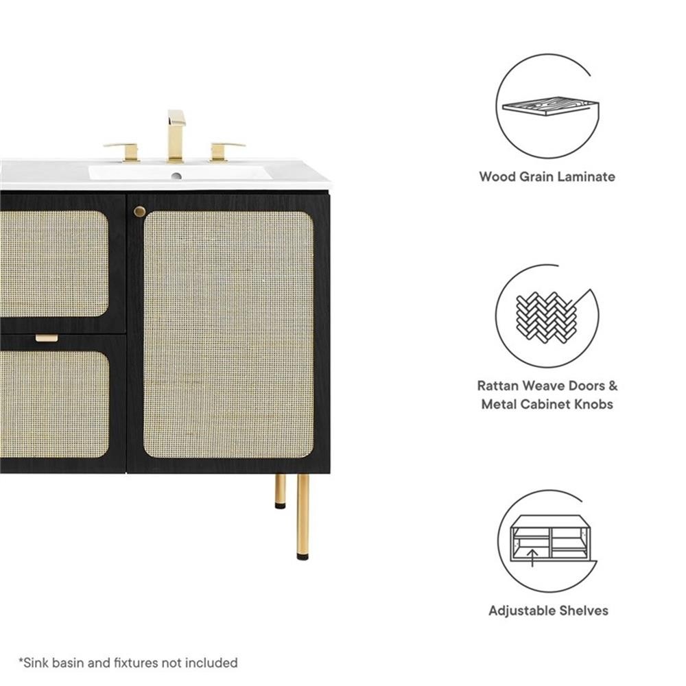 Pemberly Row 48″ Wood & Rattan Bathroom Vanity Cabinet in Black