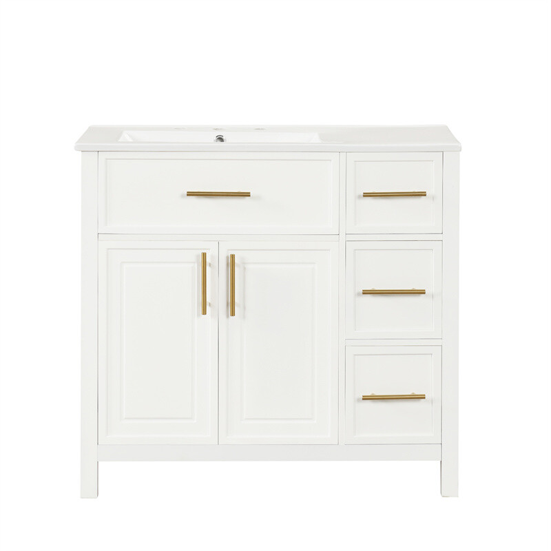 36″ White Bathroom Vanity w/Ceramic Sink Bathroom Cabinet w/2 Doors & 3 Drawers