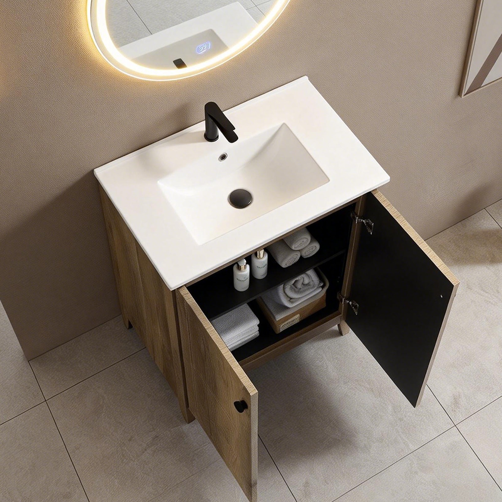 30″ Antique Grey Folding Floor Cabinet With Ceramic Sink Modern Storage Cabinet