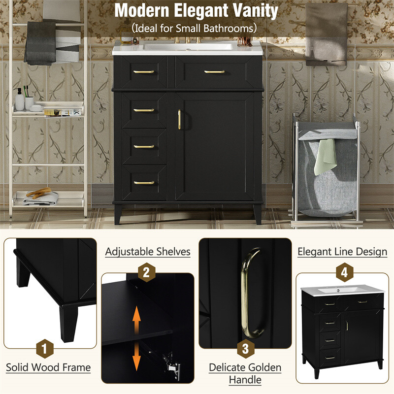 30″ Black Bathroom Vanity with Ceramic Sink,Adjustable Shelf & 3 Storage Drawer