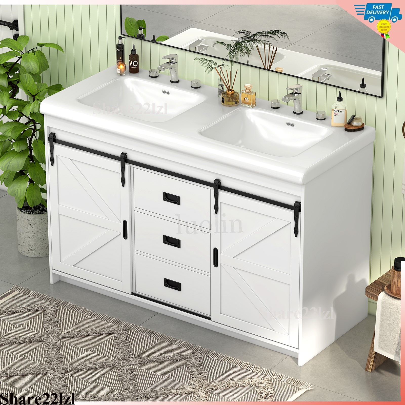 47Inch Bathroom Vanity Modern Bathroom Storage Cabinet with Double Ceramic Sink