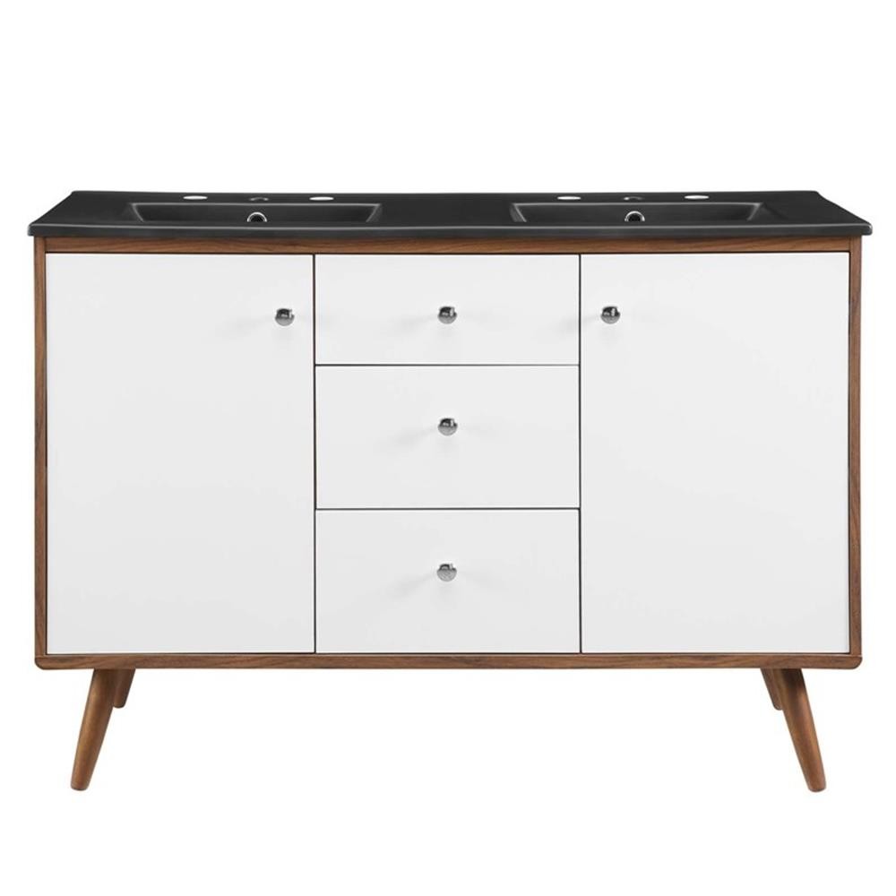 Pemberly Row 47.5″ Modern Wood Double Sink Bathroom Vanity in Walnut/White