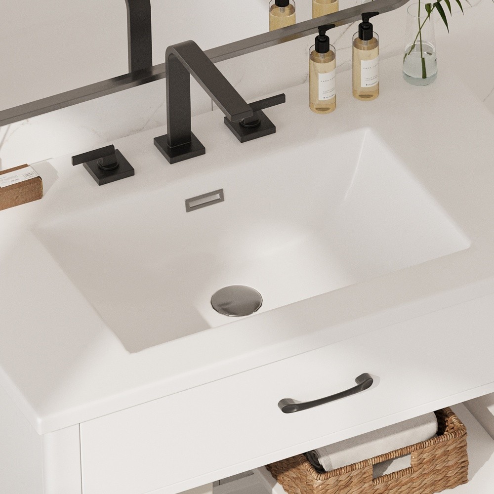 31″ Bathroom Vanity with Tempered Glass, Modern Cabinet with Rubber Wood legs