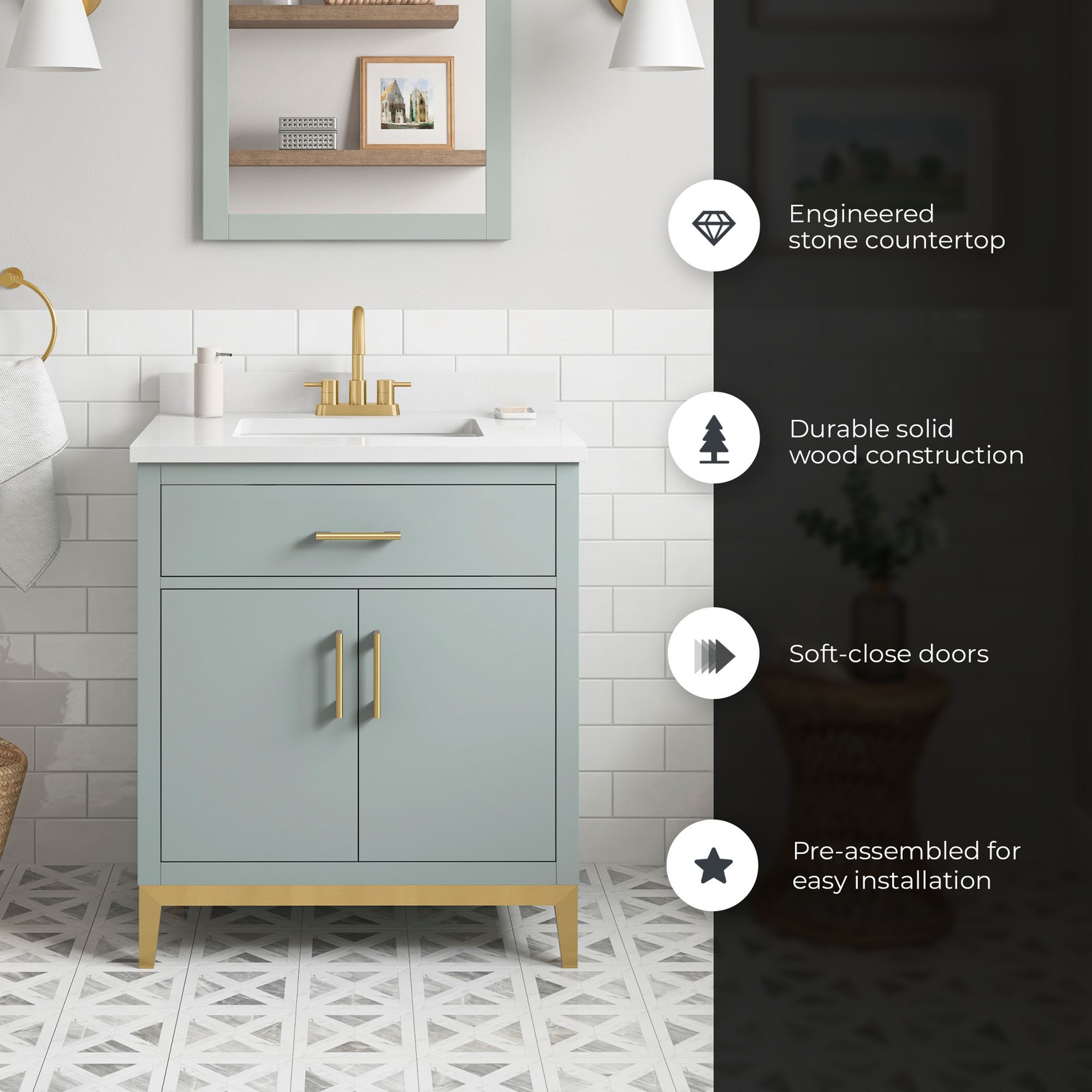 Diya 30″ Bathroom Vanity in Sage Green with White Countertop