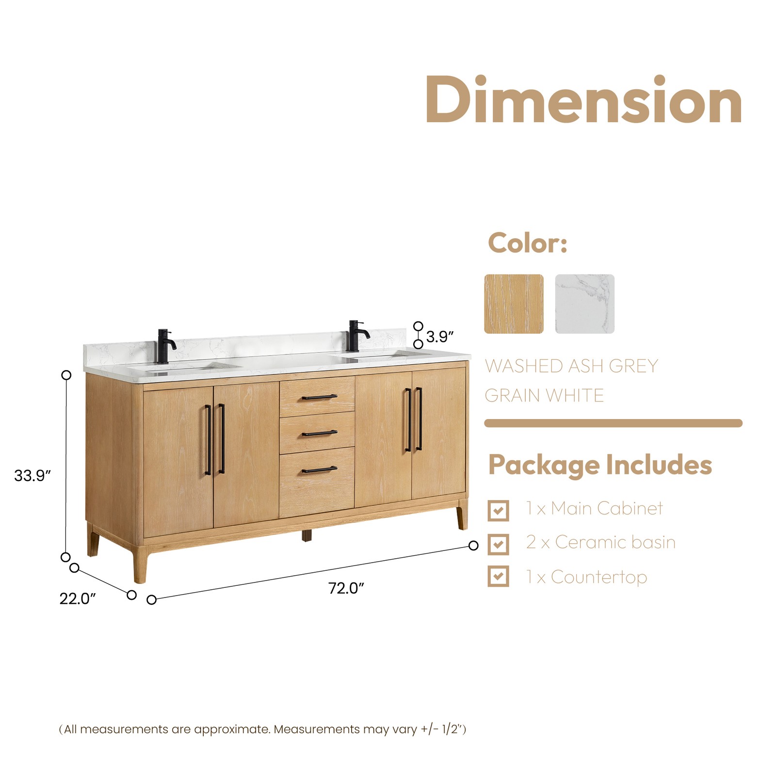 Gara 72″ Double Bath Vanity in Washed Ash Grey with White Grain Composite Stone