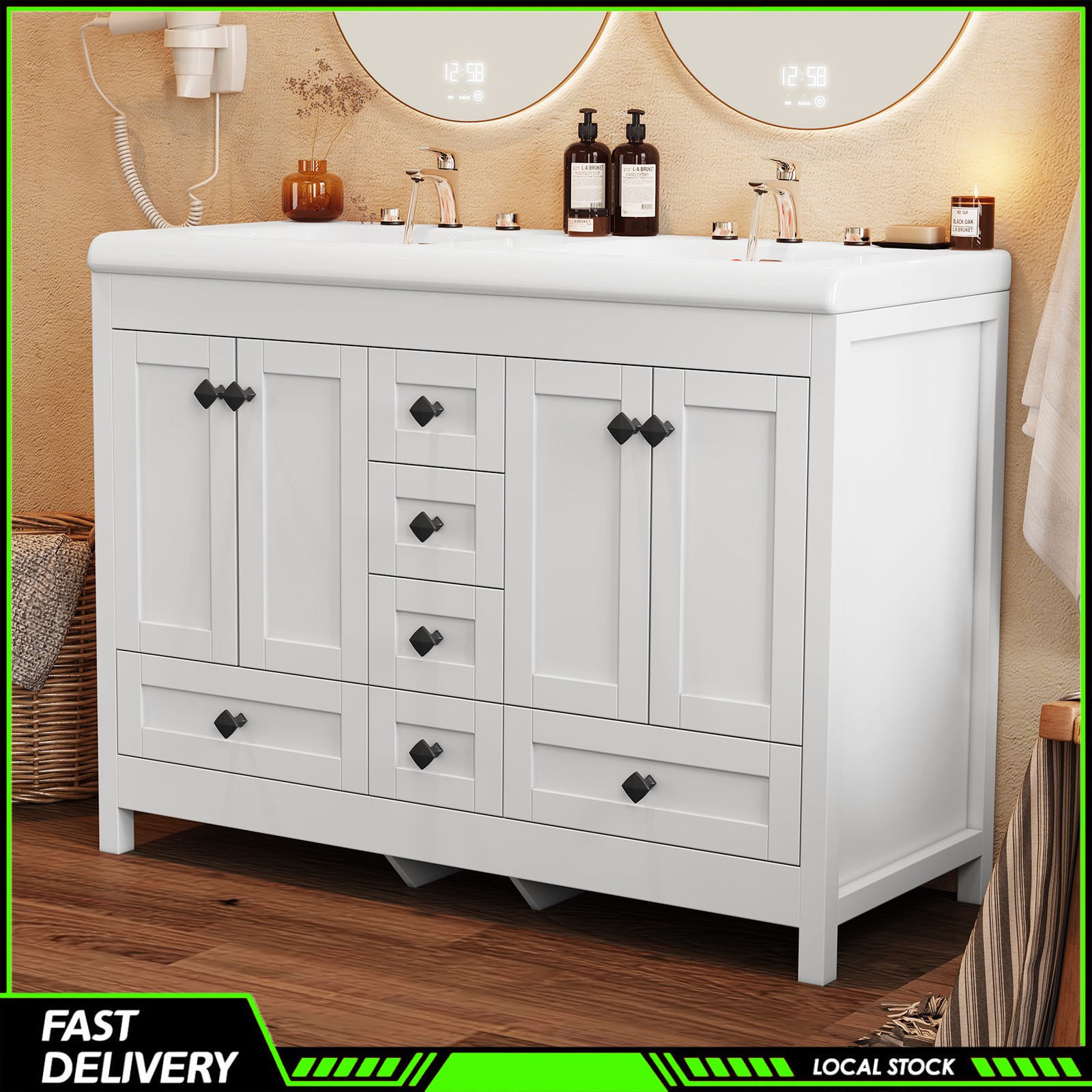47 Inch White Modern Bathroom Vanity Double Ceramic Sinks Freestanding 5 Drawers