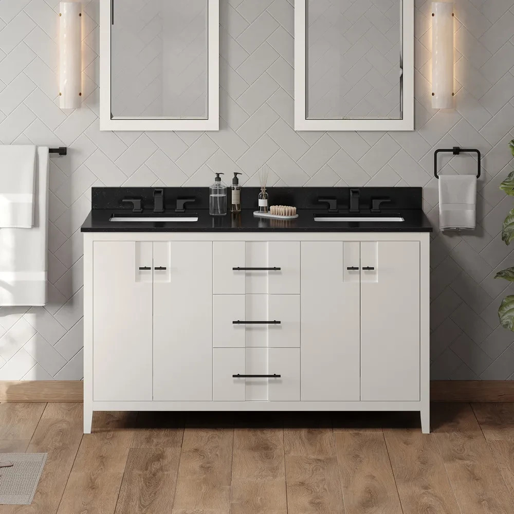 60″ Katara White Double Bowl Bathroom Vanity + Black Granite Countertop & Sinks