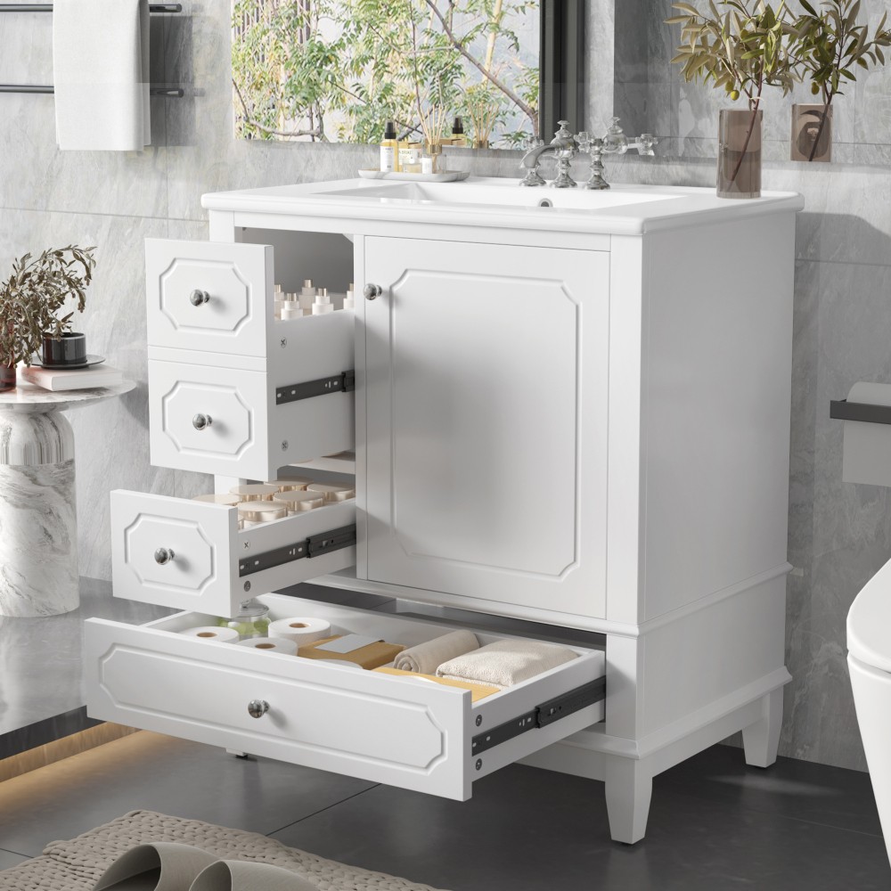 30″Bathroom Vanity with Sink Freestanding White Vanity Cabinetwith Ceramic Basin