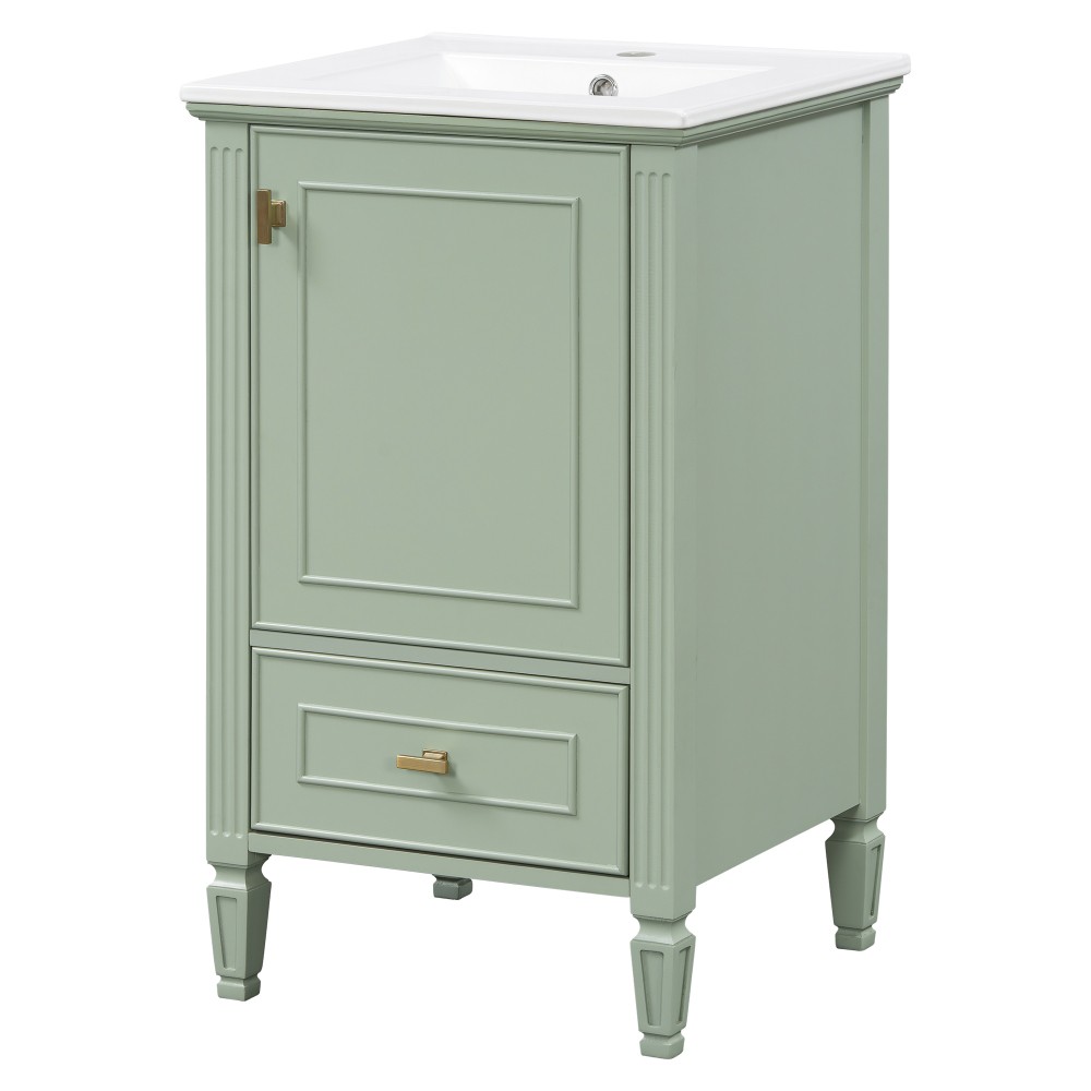 20″ Green Bathroom Vanity, Ceramic Sink, Solid Wood Legs, Soft-Close, Storage