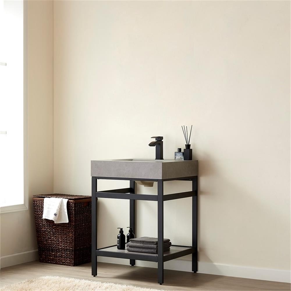 Funes 24″ Single Sink Bathroom Vanity in Matte Black Frame Gray Top No Mirror