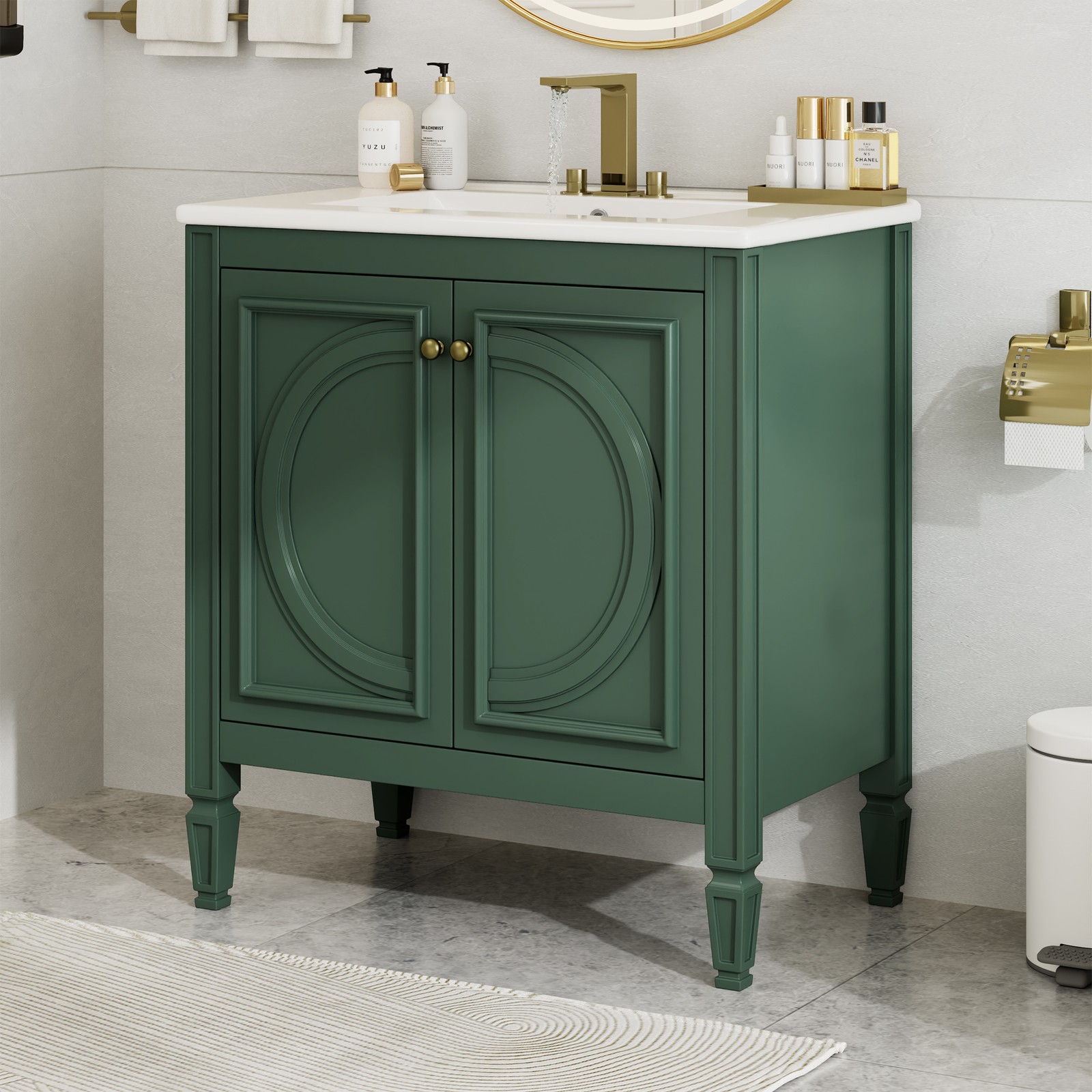30″ Bathroom Vanity with Ceramic Sink, Two Doors & Drawer, Green