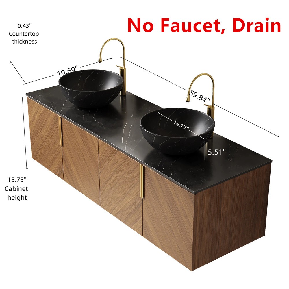 60″ Wall Mounted Bathroom Vanity w/Double Round Sink, Floating Cabinet, 4 Doors