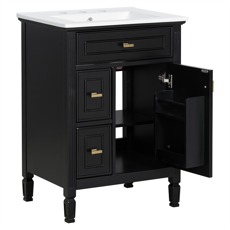 24-In Modern Bathroom Vanity with Ceramic Sink,Black Wood Cabinet with 3 Drawers