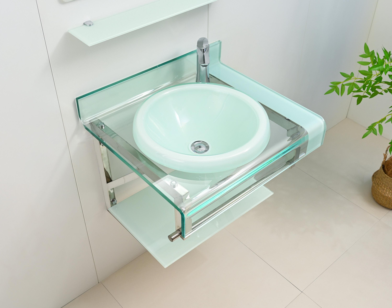 24″WHITE Tempered Glass Bathroom Vanity Floating Sink backsplash Mirror combo