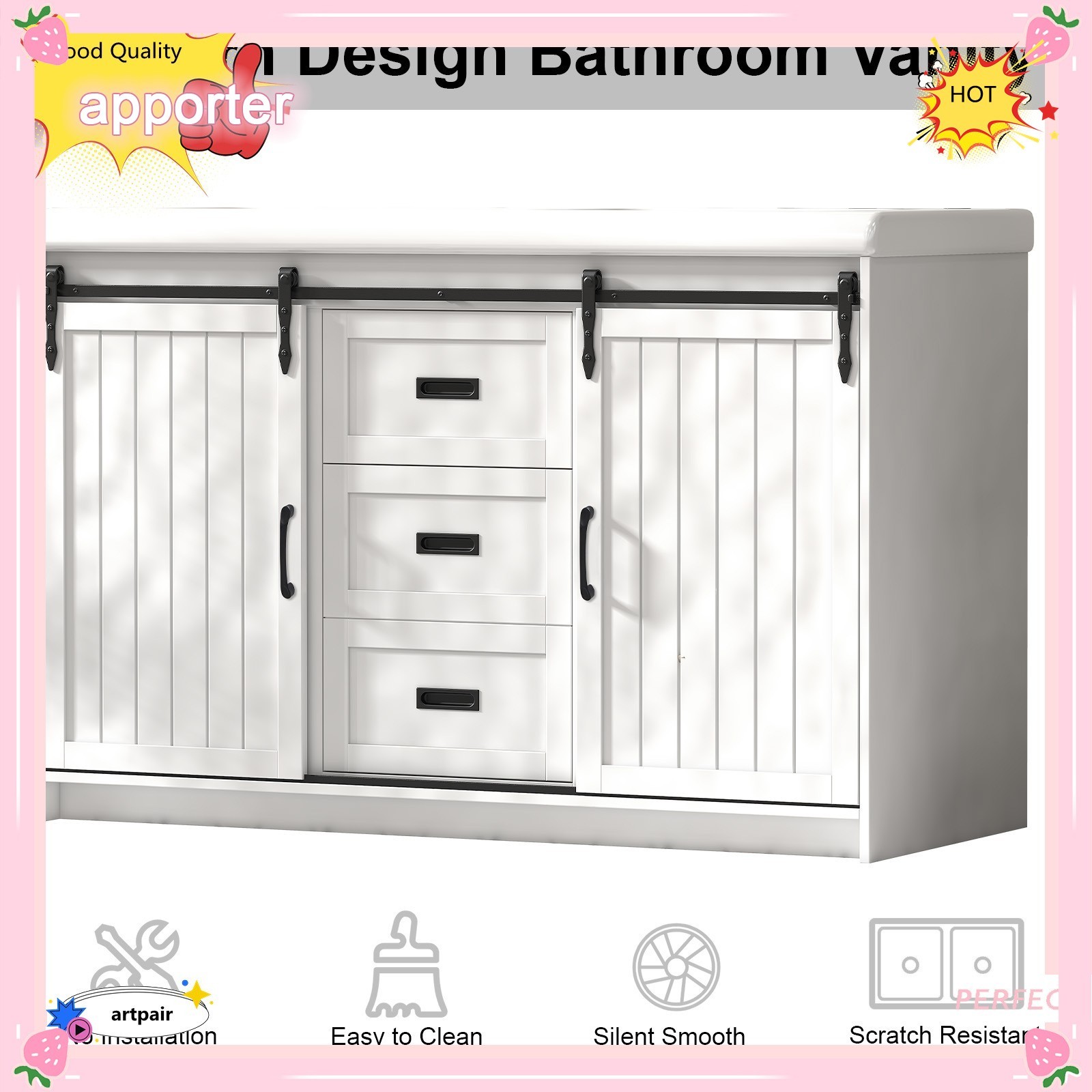47″ Bathroom Vanity Cabinet Freestanding Storage Compartment + 2 Ceramic Sink