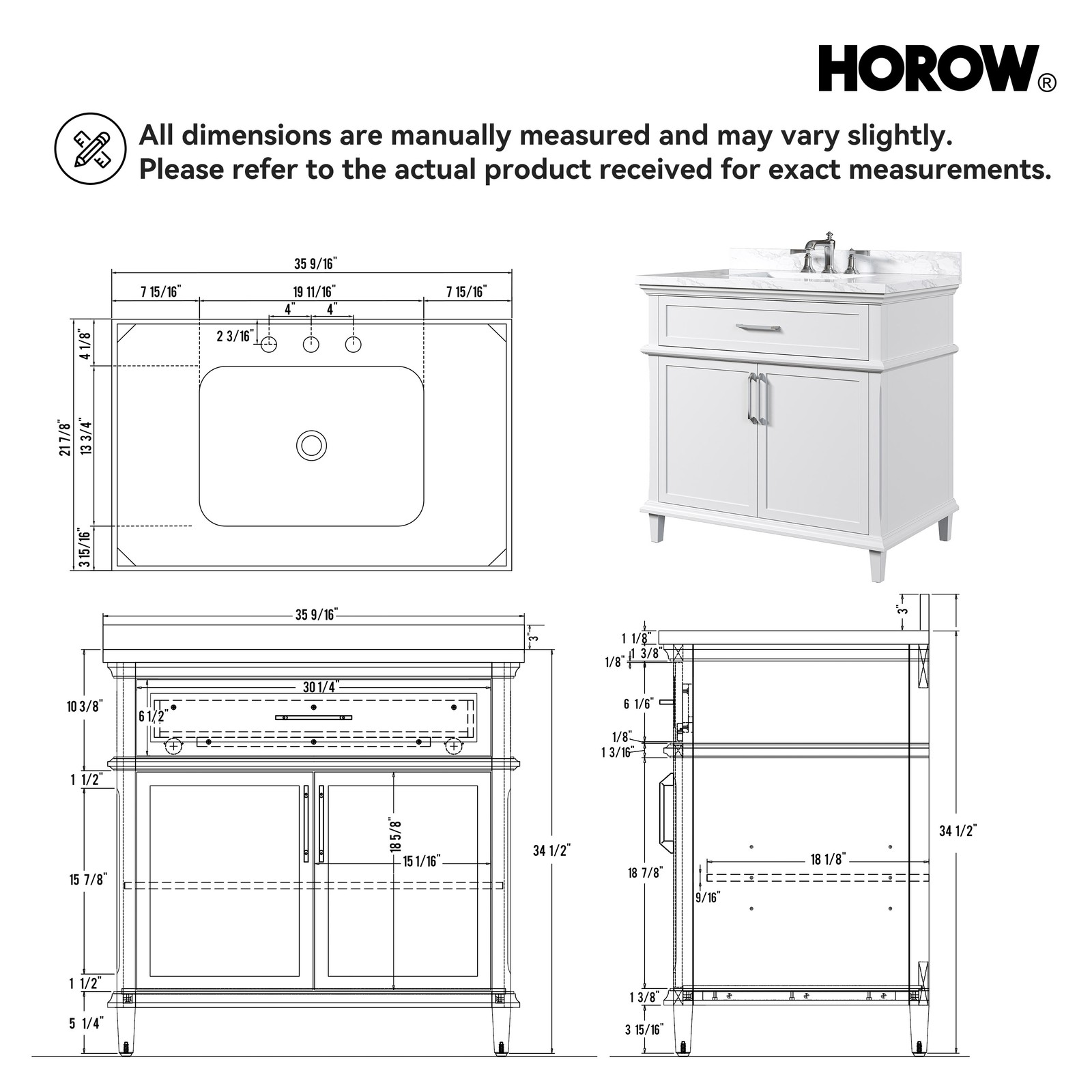 HOROW 36 Inch Bathroom Vanity with Sink, Free Standing Single Basin Vanity Set