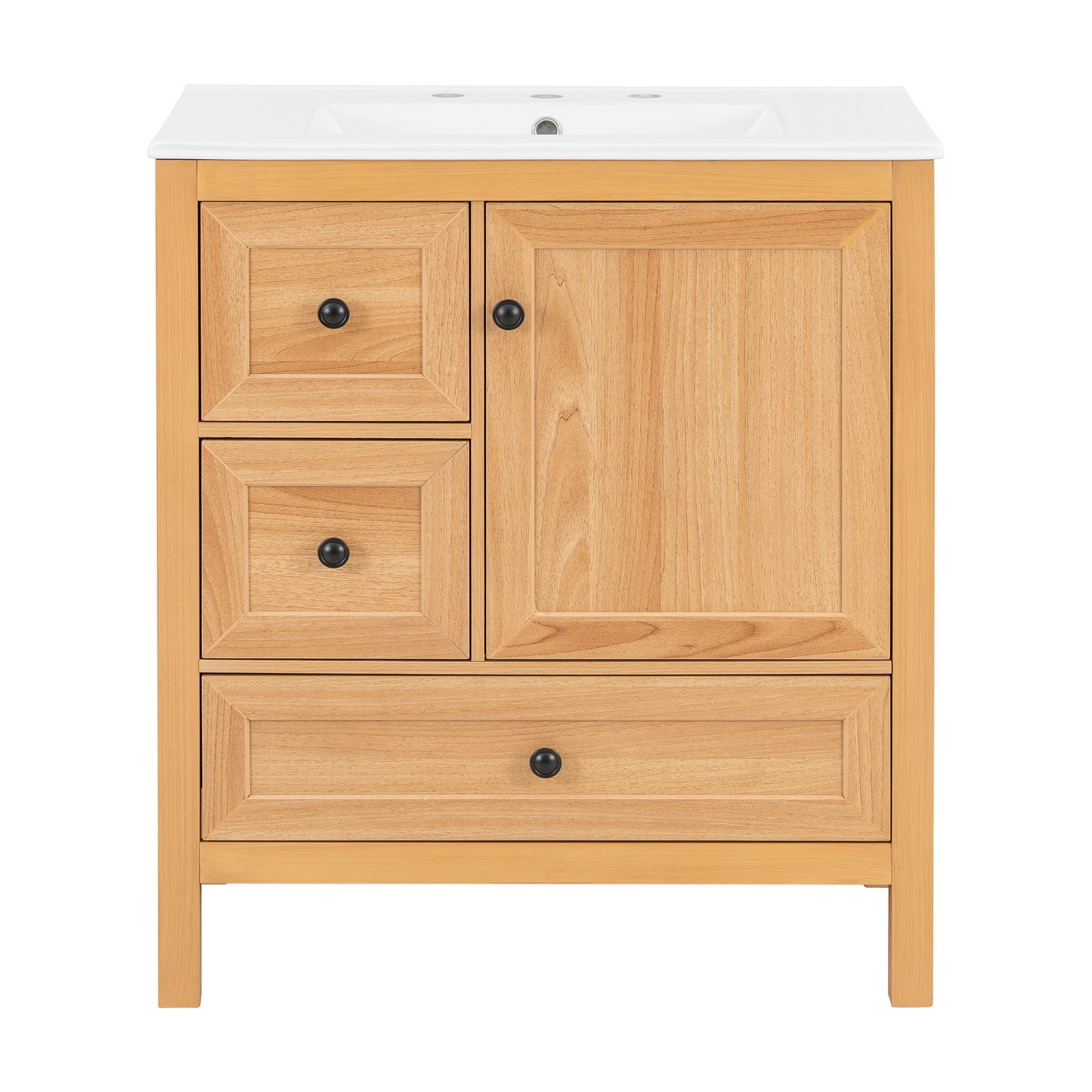 30″ Bathroom Vanity with Ceramic Sink Wood Grain Cabinet with Soft-Close Drawer