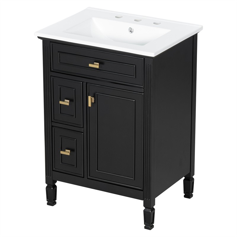 24-In Modern Bathroom Vanity with Ceramic Sink,Black Wood Cabinet with 3 Drawers