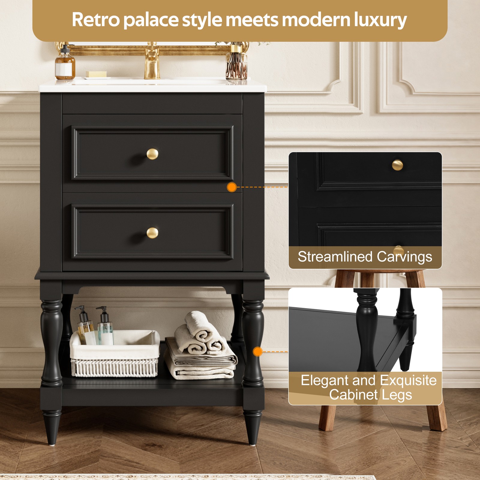 FUNIDEE 20” Bathroom Vanity Set Storage Cabinet with Ceramic Sink Combo Black