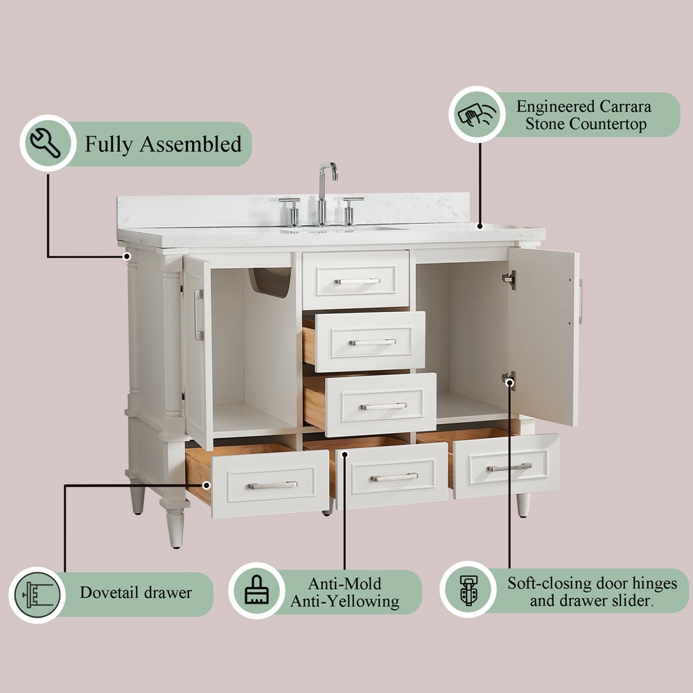 48″ Bathroom Vanity w/Sink,Fully Assembled Freestanding Vanity Cabinet,6 Drawers