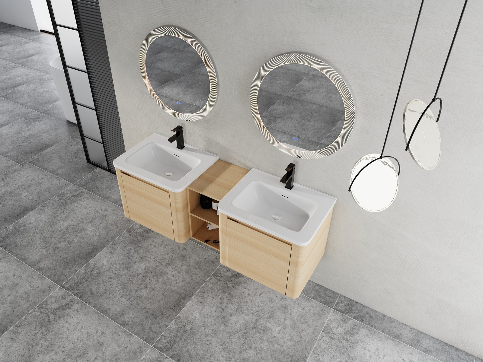 60in Plywood Wall-Mounted Bathroom Vanity W/ 2x White Ceramic Sink and Shelves